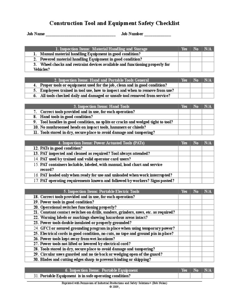 Construction Tool Safety Checklist Rev Personal Protective Equipment Tools