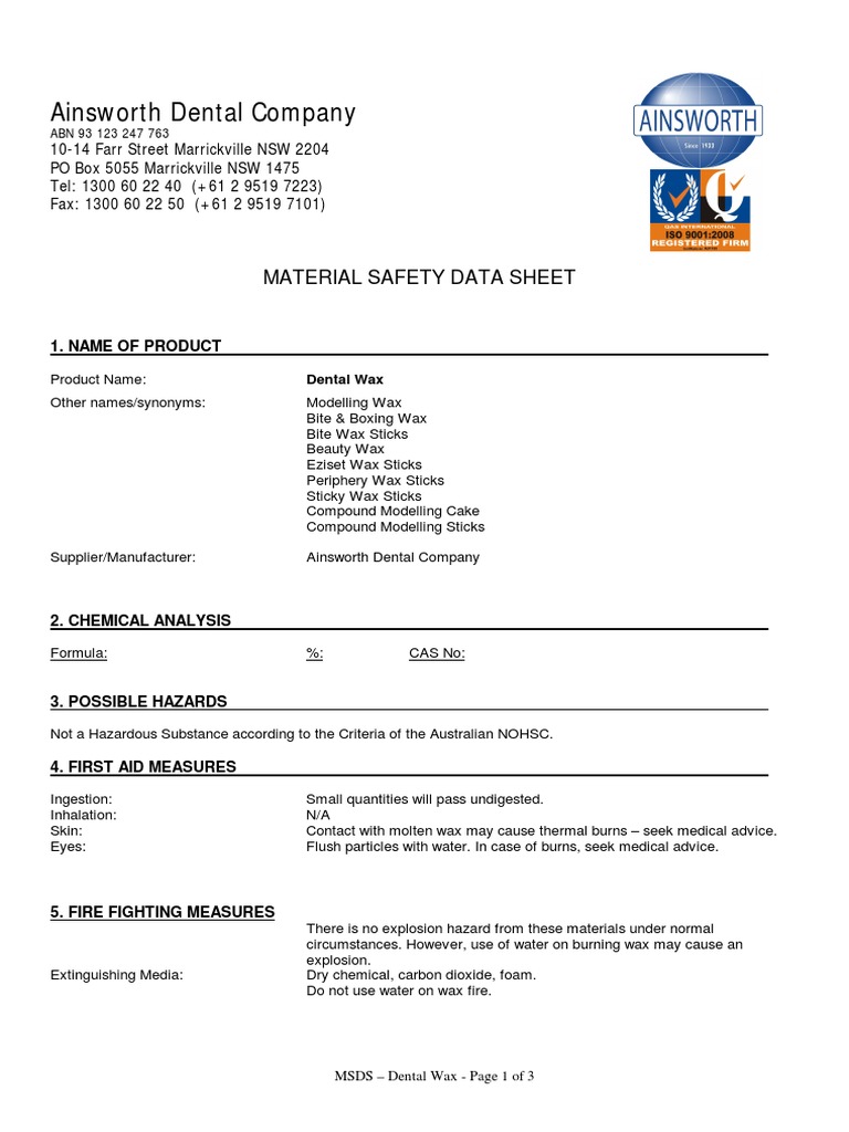Ainsworth Dental Wax Msds Chemistry Materials