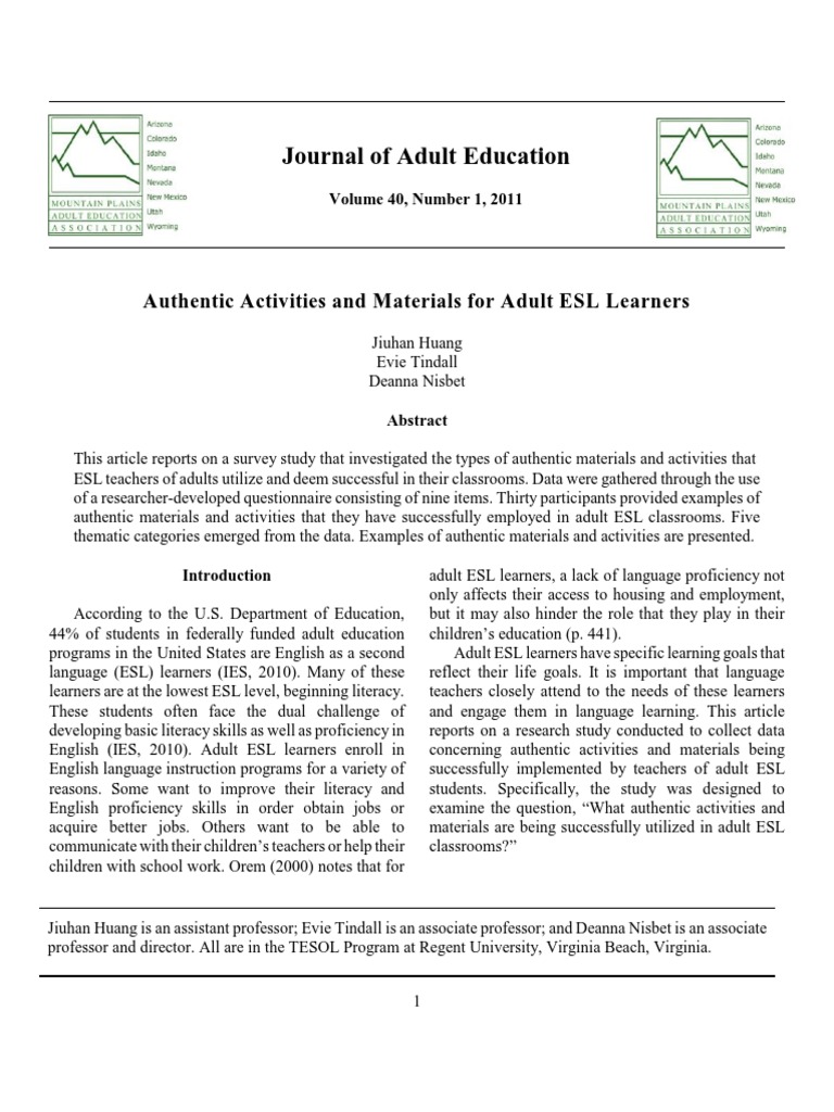 Authentic Activities and Materials For Adult ESL Learners | PDF | Adult ...