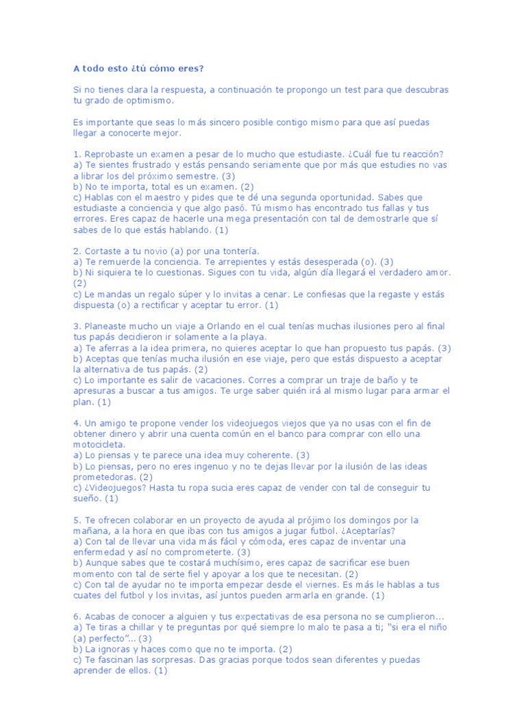 Test para medir tu optimismo | PDF | Ocio