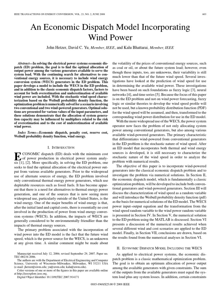 An Economic Dispatch Model Incorporating Wind Power | PDF | Wind Power ...