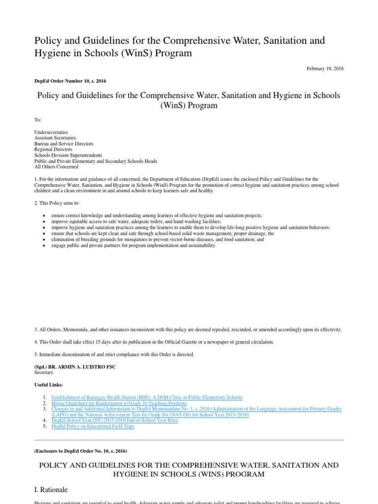 WinS Program Guidelines for Schools | PDF | Sanitation | Hygiene