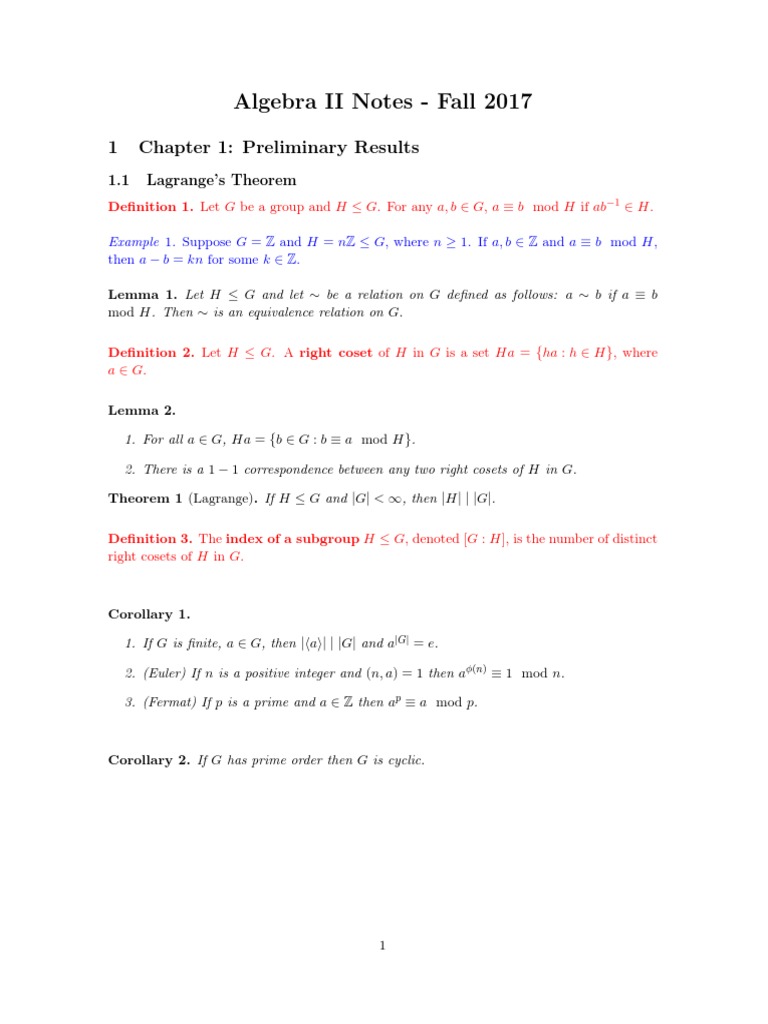 Algebra 2 Notes Just Statements Index Of A Subgroup Group Mathematics