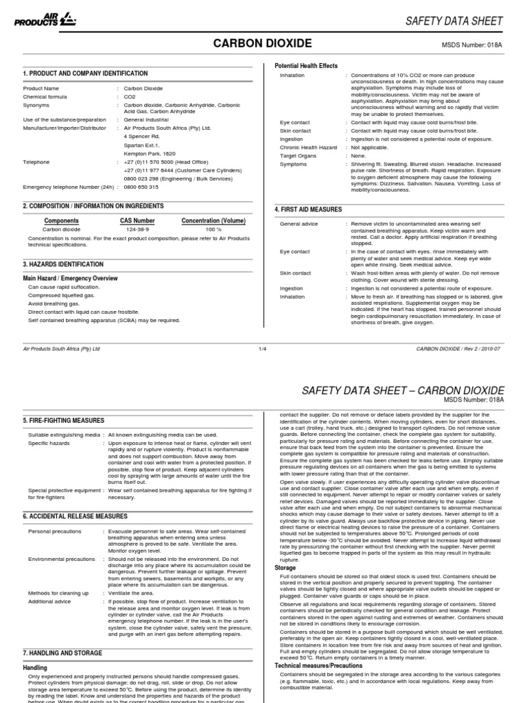 Carbon Dioxide Safety Data Sheet | PDF | Dangerous Goods | Carbon Dioxide