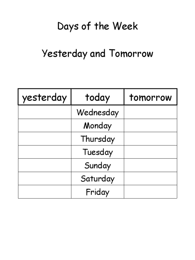 Days of The Week Yesterday and Tomorrow: Wednesday Monday Thursday ...