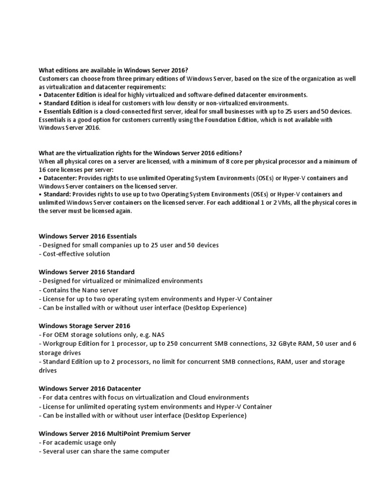 Editions Virtualization Rights Key Features Of Windows Server 2016