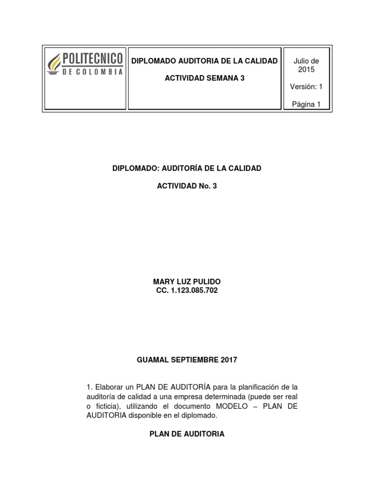 Plan e Informe de Auditoría ISO 9001 | PDF | Contralor | Calidad ...