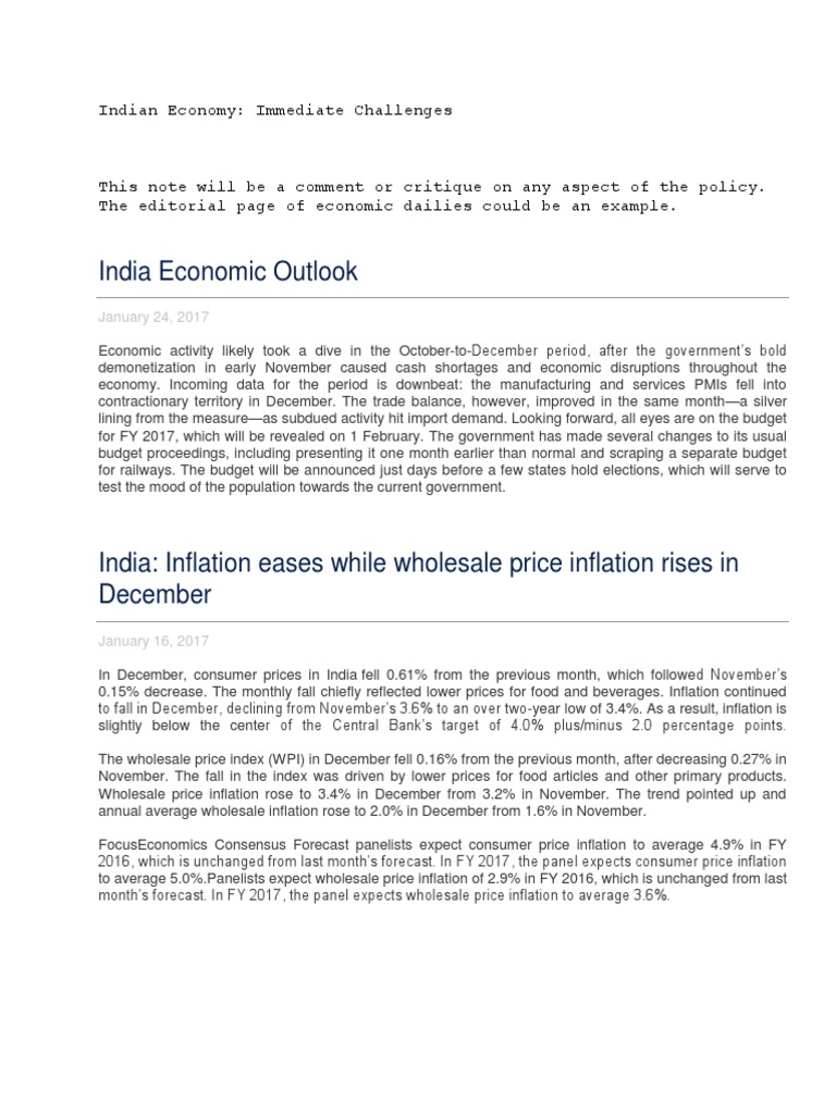 India Economic Outlook Indian Economy Immediate Challenges PDF