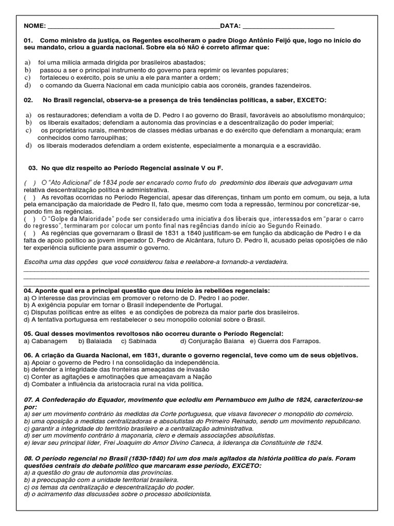 Exercícios sobre o Período Regencial | PDF | Brasil | Monarquia