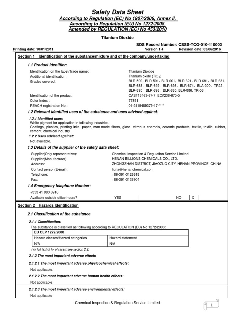 MSDS Titanium Dioxide Lomon Billions Group Co LTD Physical Sciences