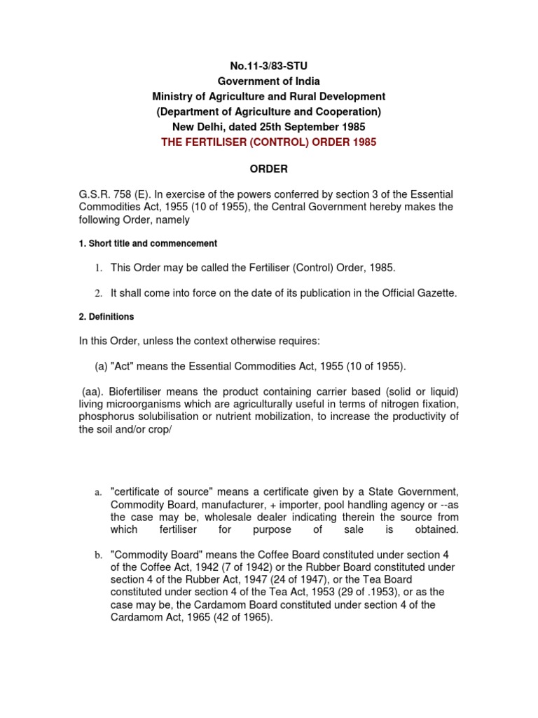 Fertilizer Control Order 1985 Overview | PDF | Controlled Substances ...