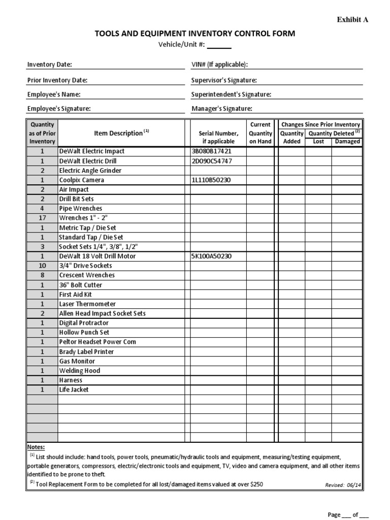 Tools and Equipment Inventory Control Form: Vehicle/Unit # | PDF ...