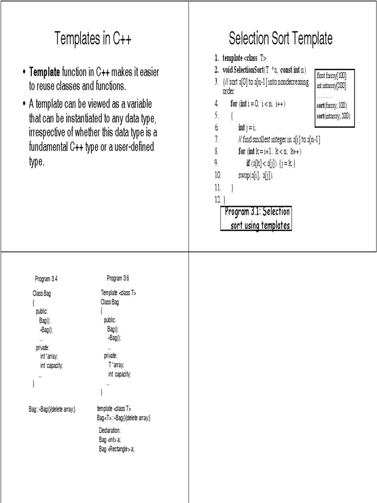 Templates in C++ Selection Sort Template PDF C++ Integer Science)