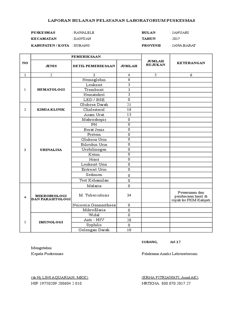 Laporan Bulanan Pelayanan Laboratorium Puskesmas