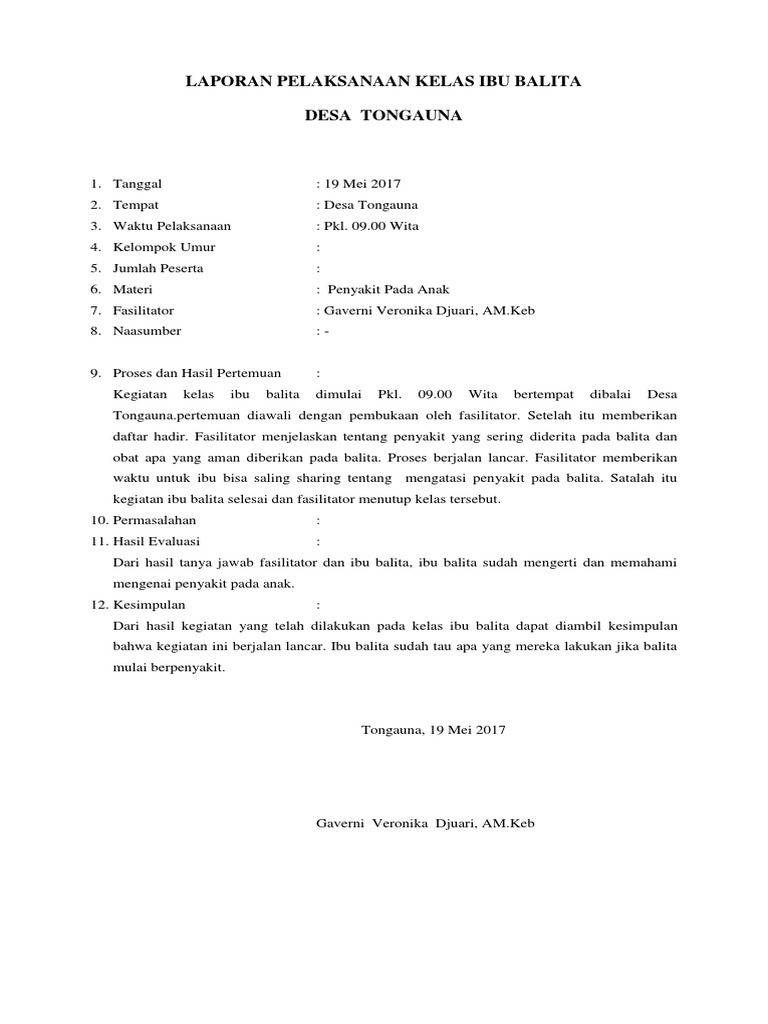 Laporan Pelaksanaan Kelas Ibu Balita