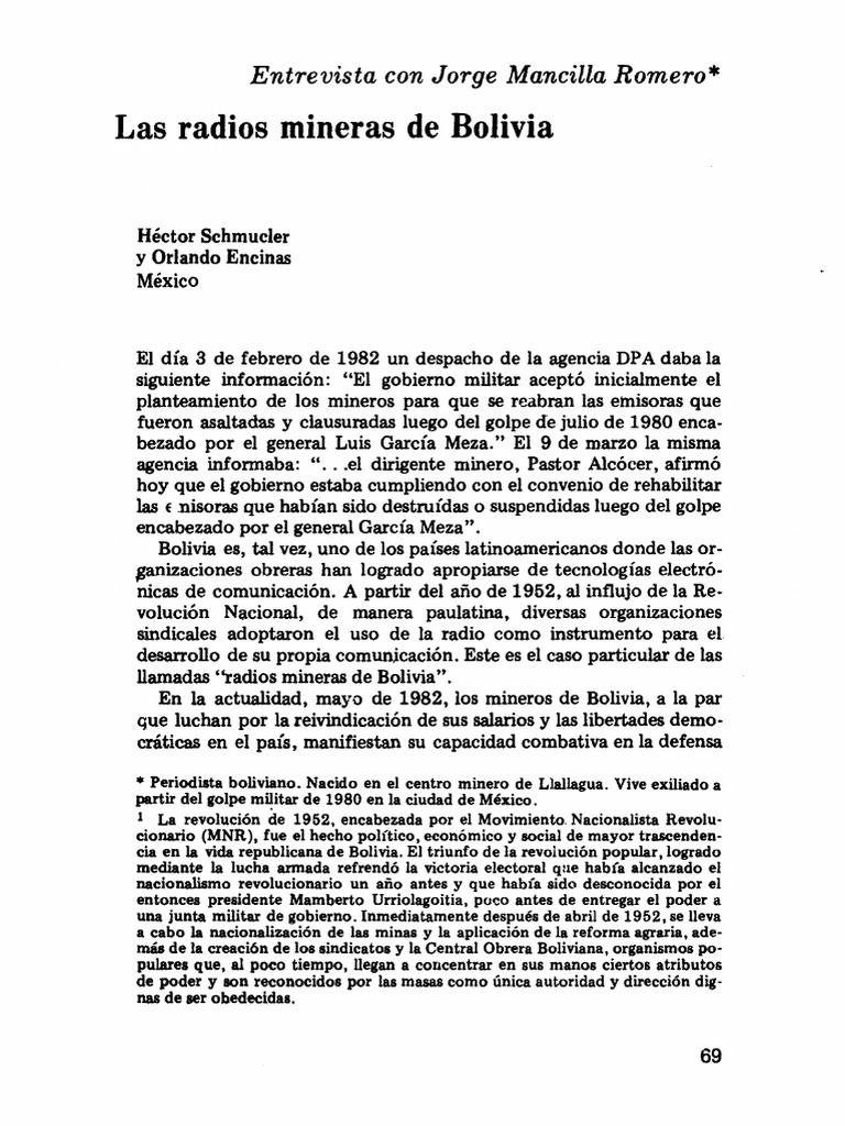 Schmucler Las Radios Mineras de Bolivia PDF Bolivia Radio