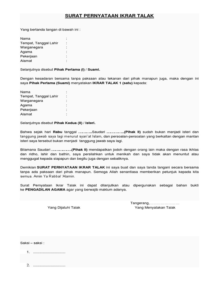 Contoh Surat Talak 3 | PDF