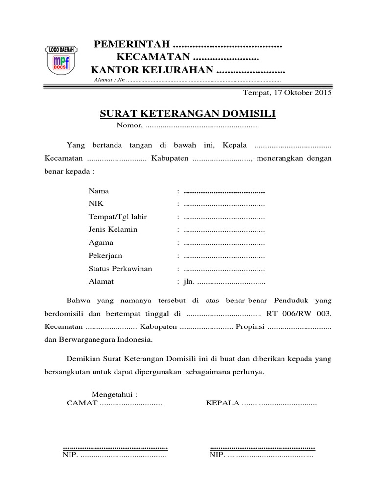 Contoh Surat Keterangan Domisili Word Mpfdocuments Website Indonesia