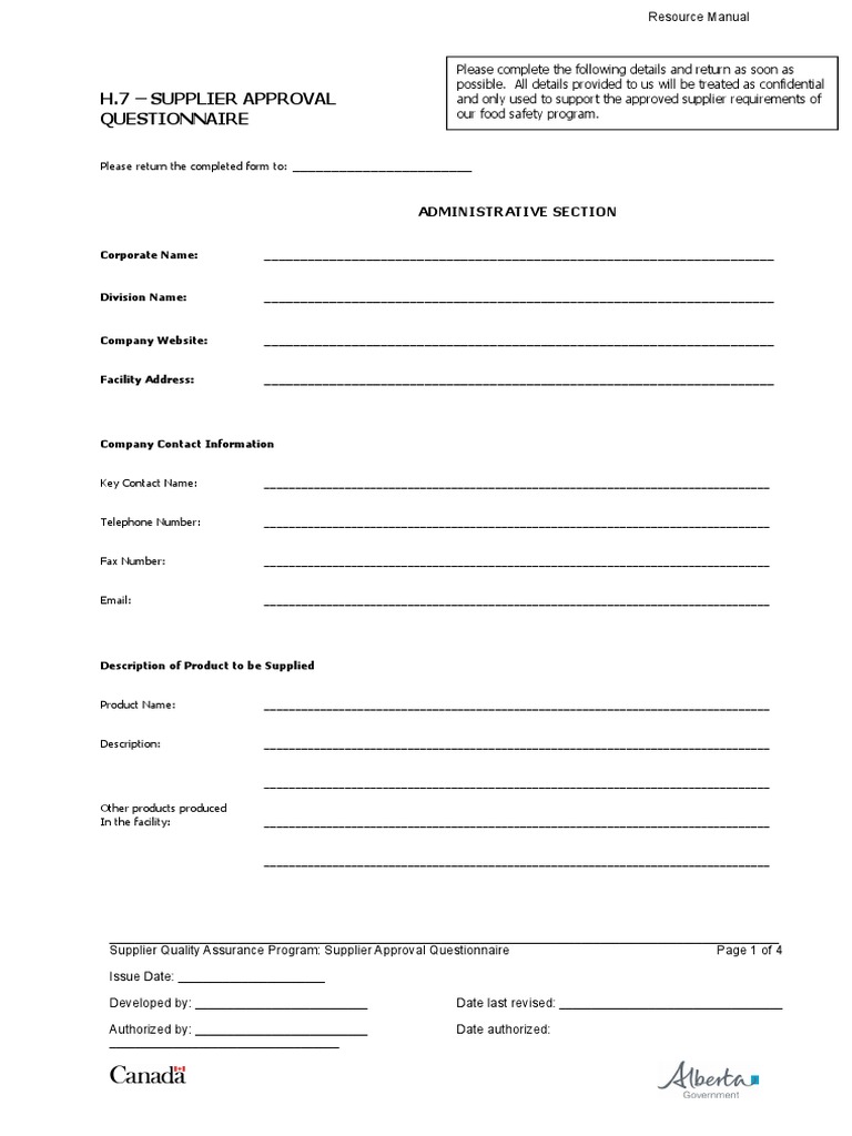 H.7 Supplier Approval Questionnaire PDF Food Safety Hazard