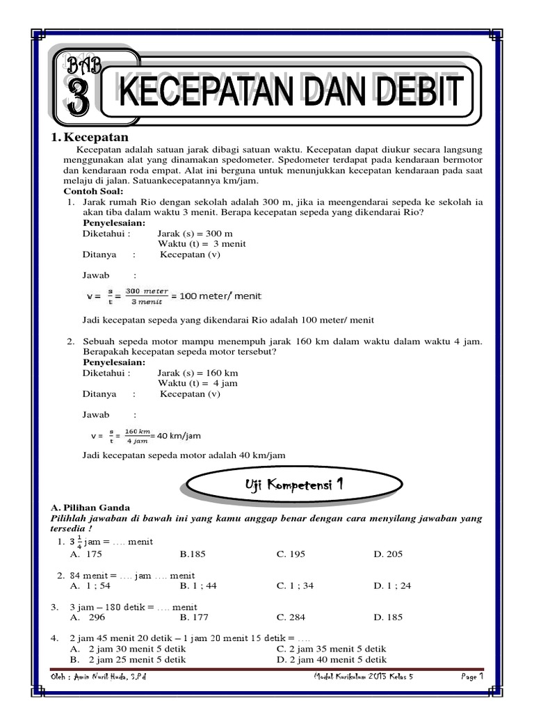 Soal Matematika Kelas 5 Kecepatan Dan Debit - soalkunci.my.id