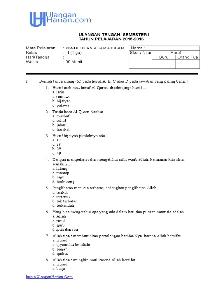Soal Uts Pai Kelas 3 Sd Semester 1