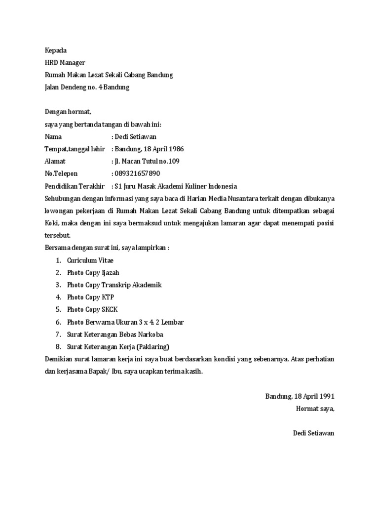 Contoh Surat Lamaran Kerja Di Restoran - Aneka Macam Contoh