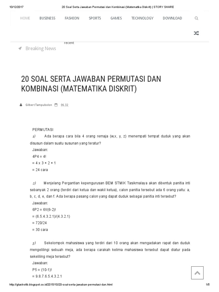 20 Soal Serta Jawaban Permutasi Dan Kombinasi (Matematika