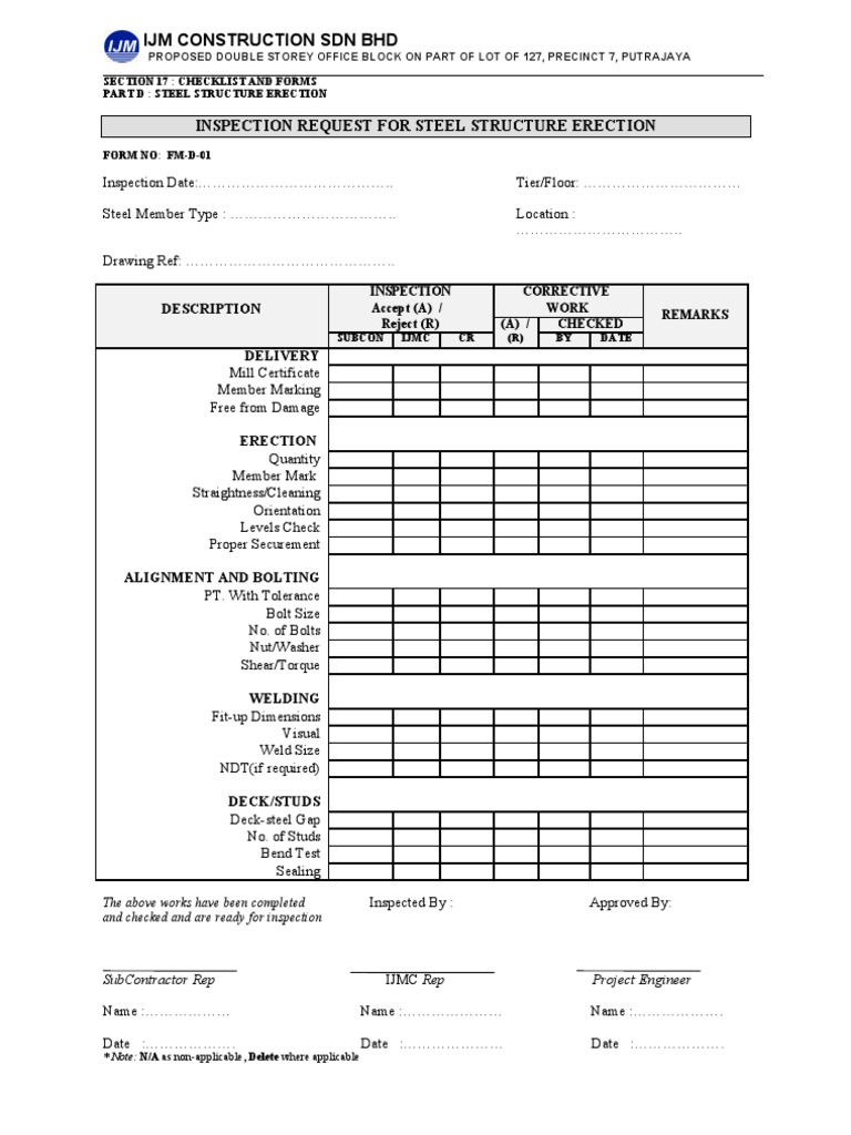 Steel Structure Erection Checklist | PDF | Screw | Engineering