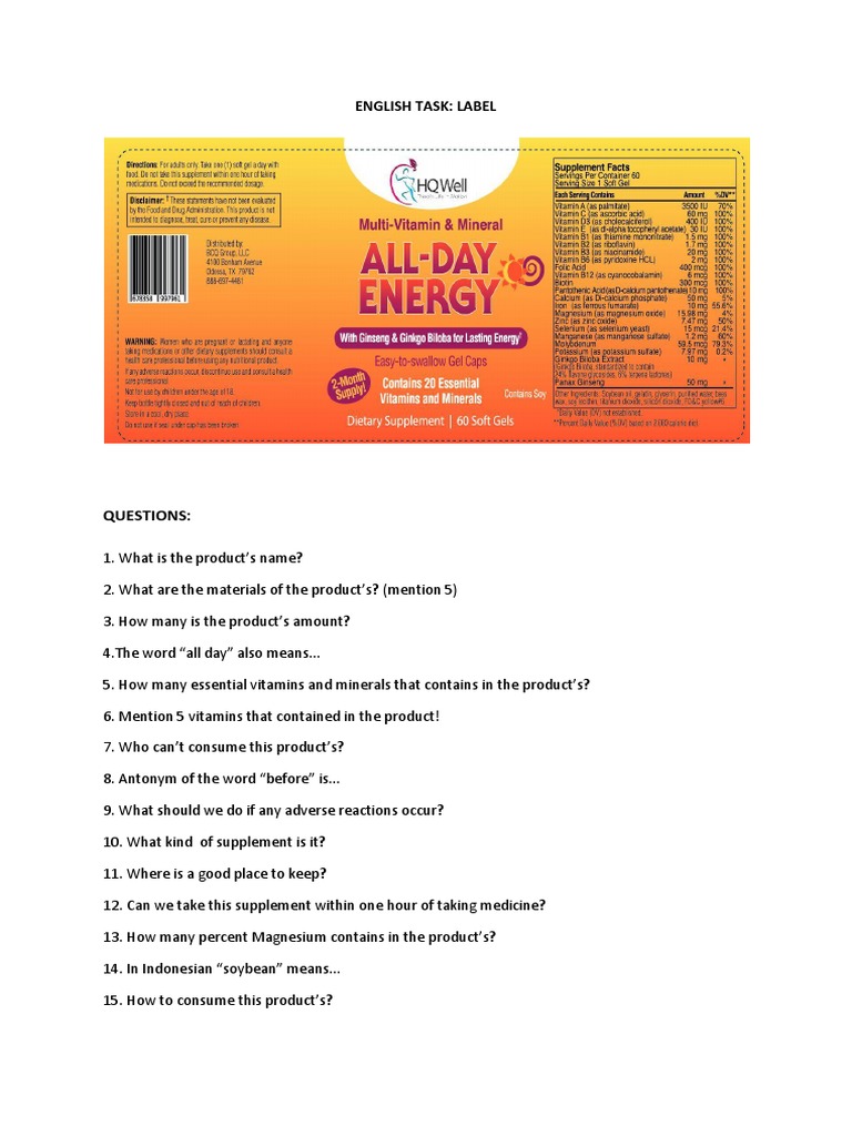 Questions:: English Task: Label | PDF | Science & Mathematics