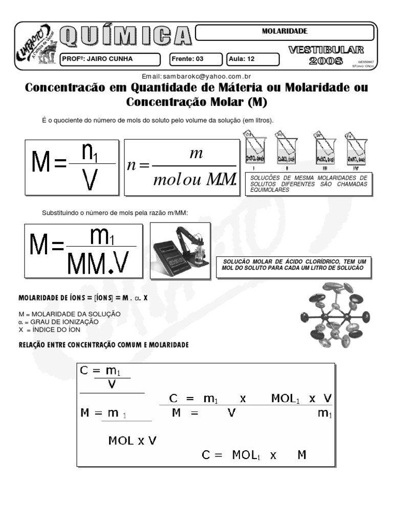 Cálculo e Exercícios de Molaridade | PDF | Concentração molar | Solução