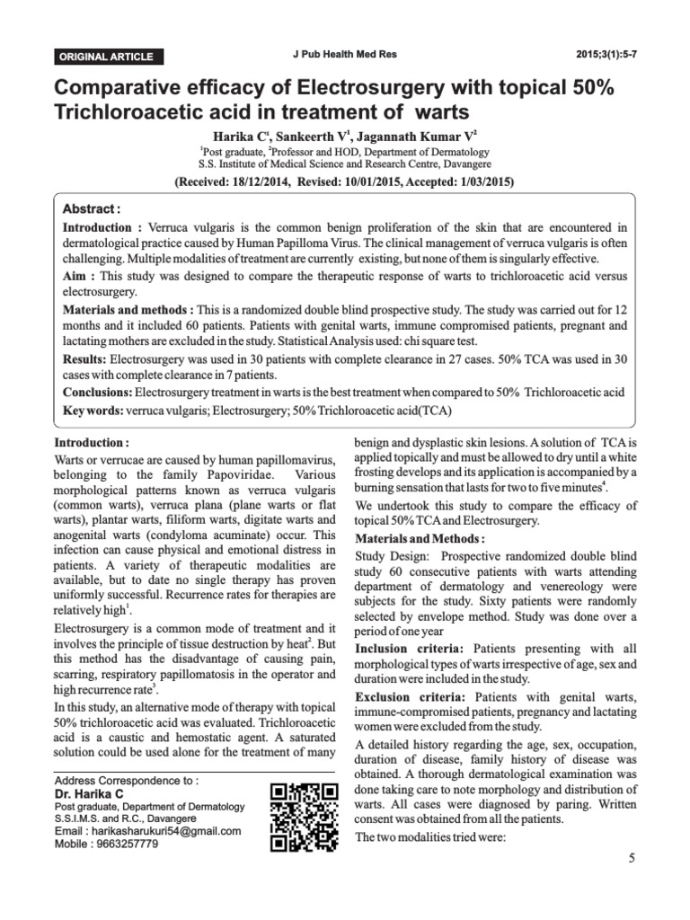 Comparative Efficacy of Electrosurgery With Topical 50 Trichloroacetic