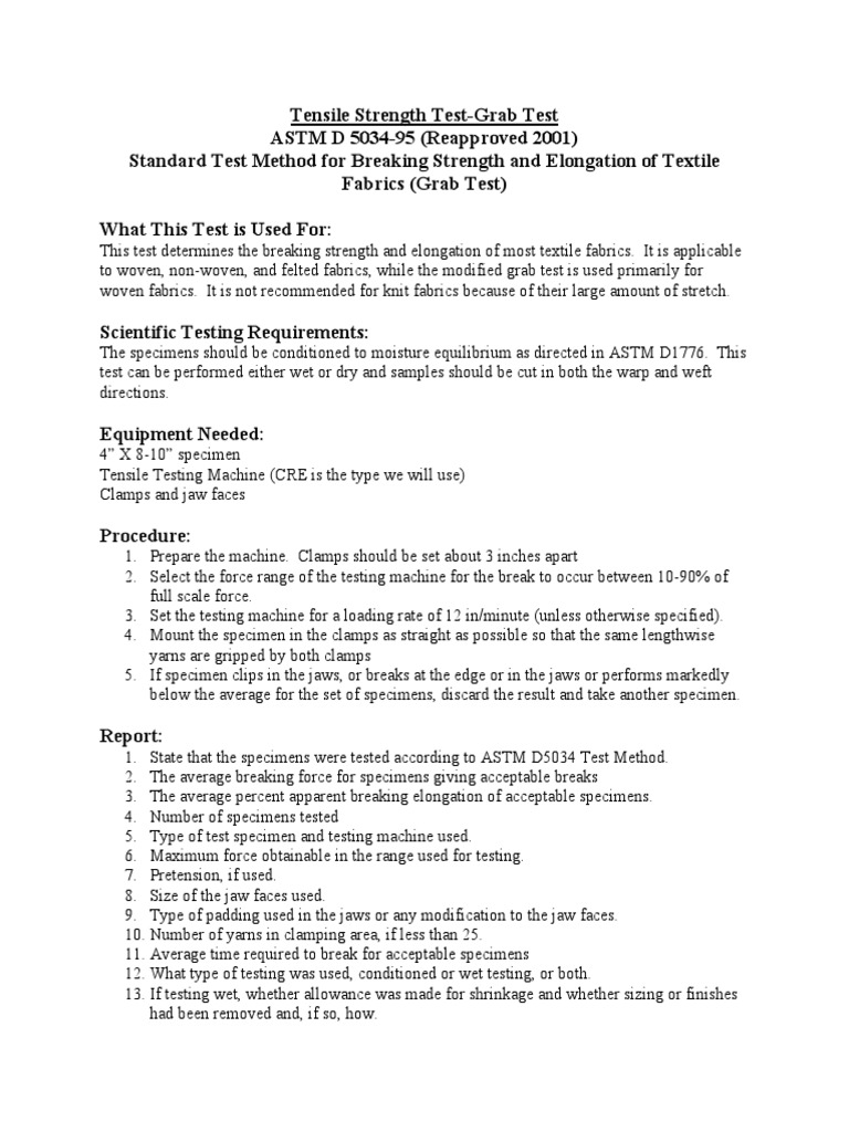 ASTM D5034 Grab Test for Fabric Strength | PDF | Science & Mathematics