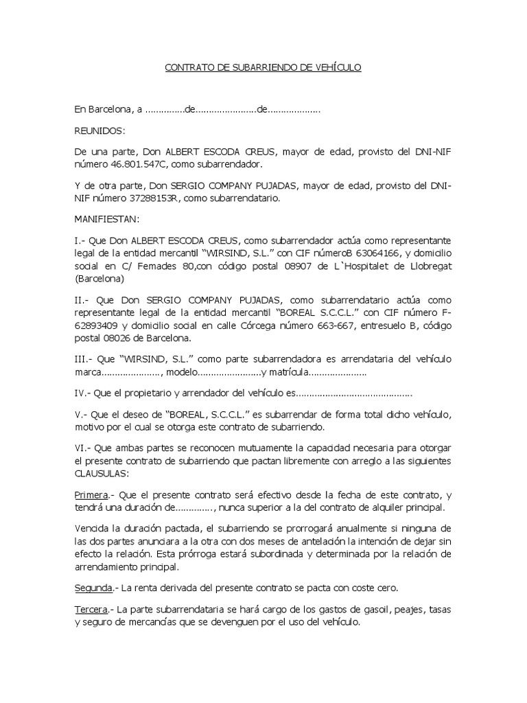 Contrato de Subarriendo de Vehícul1 | PDF