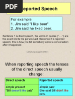 Reported Speech: For Example: 1. Jim Said "I Like Beer". 2. Jim Said He Liked Beer