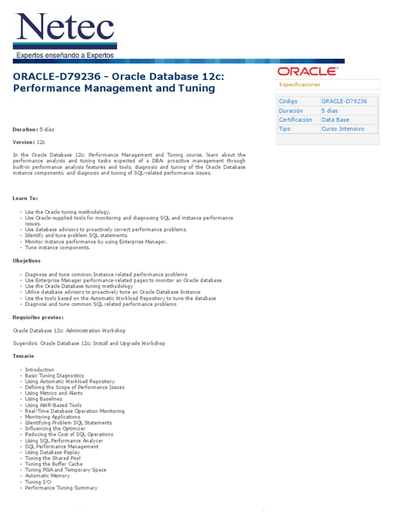Oracle 12c Performance Tuning Course | PDF | Oracle Database | Databases