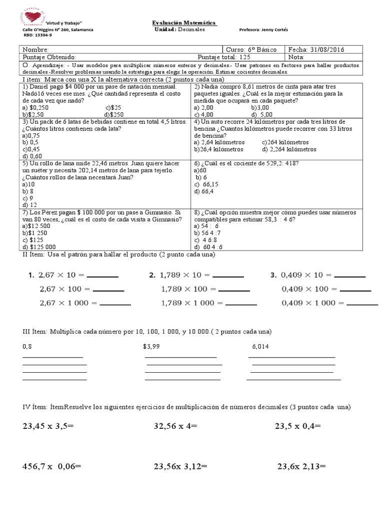 Prueba Decimales 6to Básico | Matemática Elemental | Números