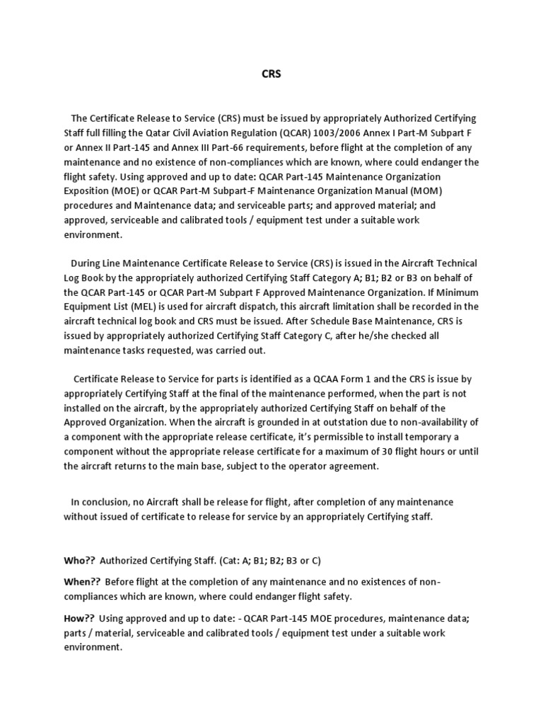 Who?? Authorized Certifying Staff. (Cat: A B1 B2 B3 or C) When?? Before ...