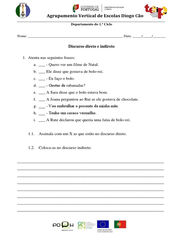 Exercícios Discurso Direto E Indireto 7 Ano Com Gabarito
