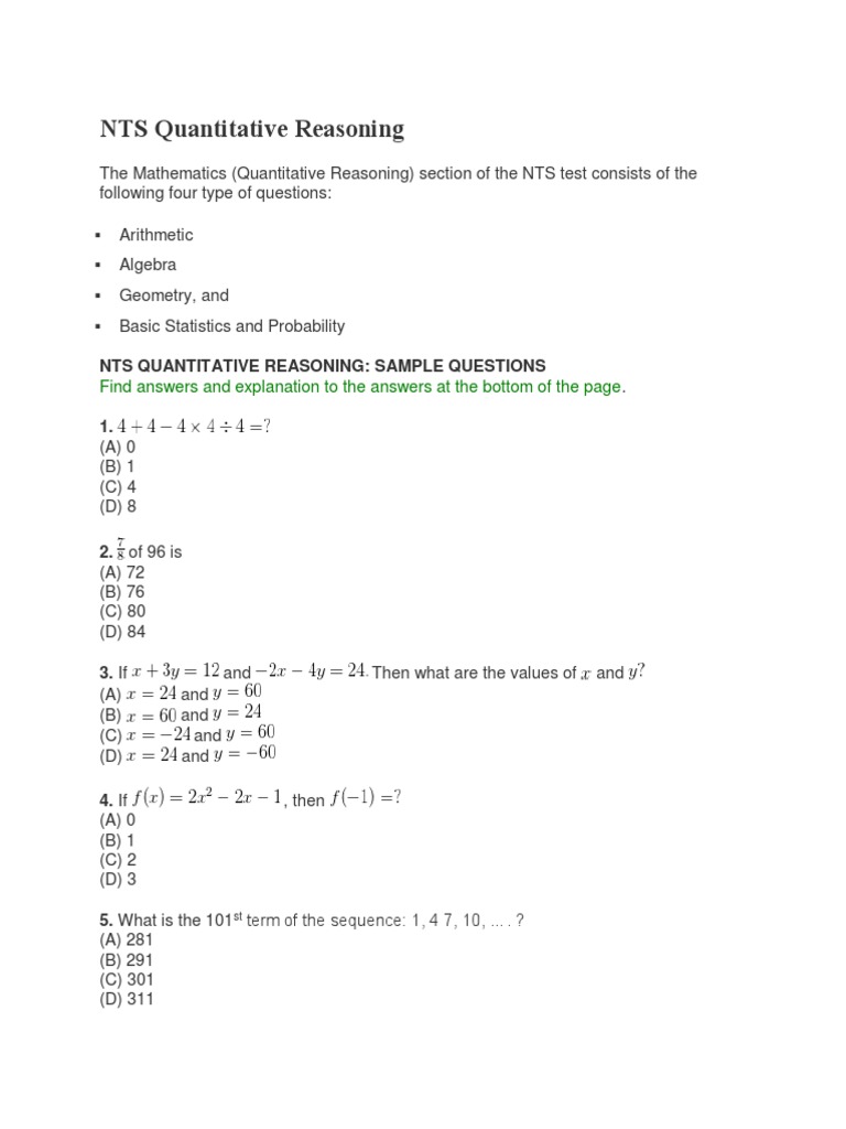 NTS Quantitative Reasoning Sample Questions | PDF | Circle | Statistics