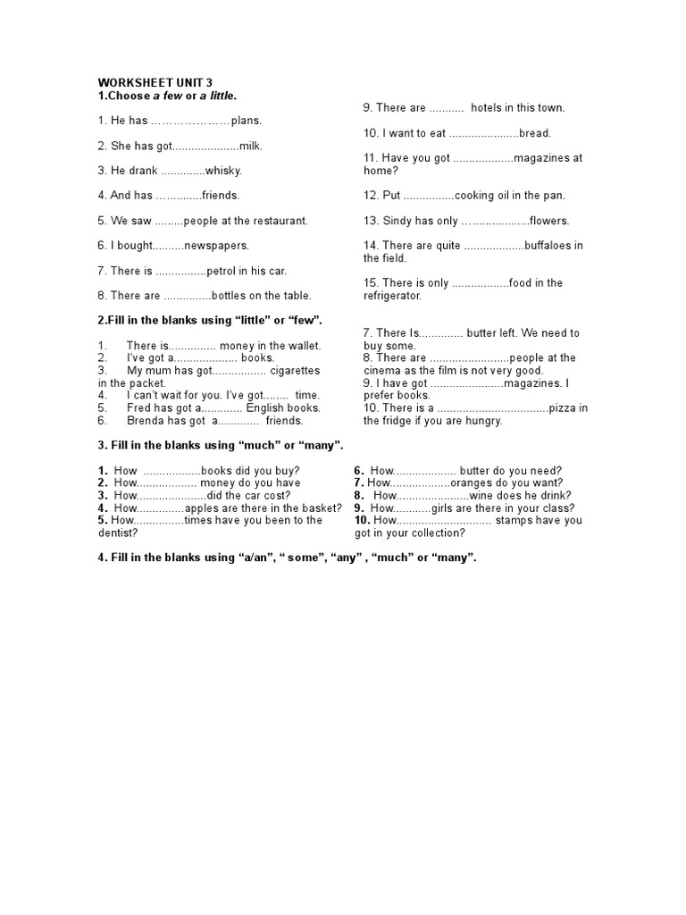 UNIT 3 WORKSHEET Too Much- Too Many | Food And Drink | Food & Wine