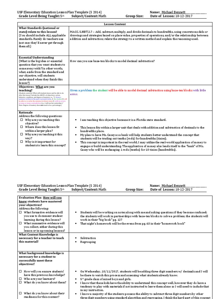5th Grade Math Lesson Plan: Decimal Subtraction | PDF | Lesson Plan ...