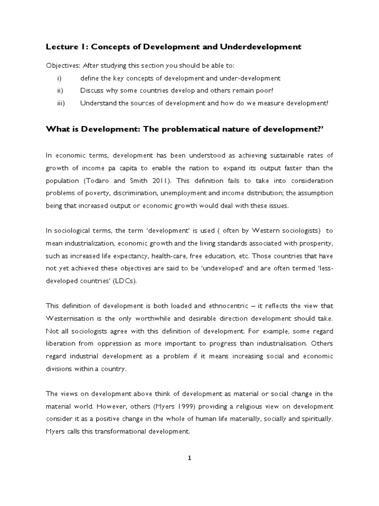 Lecture 1 - Concepts of Development and Underdevelopment | PDF ...