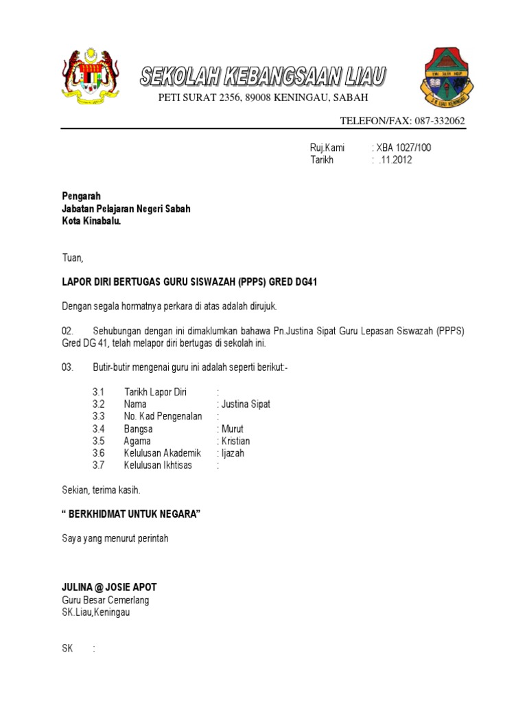 Surat Lapor Diri Bertugas