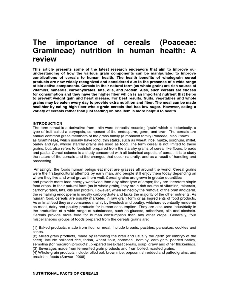 The Importance of Cereals PDF Whole Grain Dietary Fiber