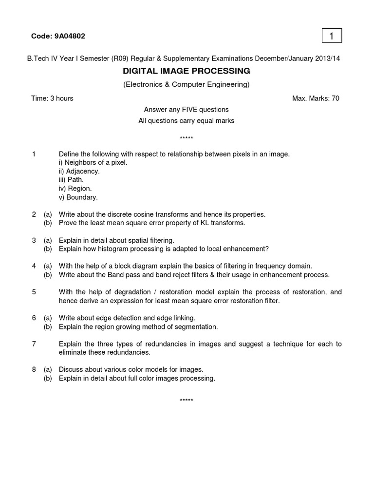 Digital Image Processing Exam Questions | PDF