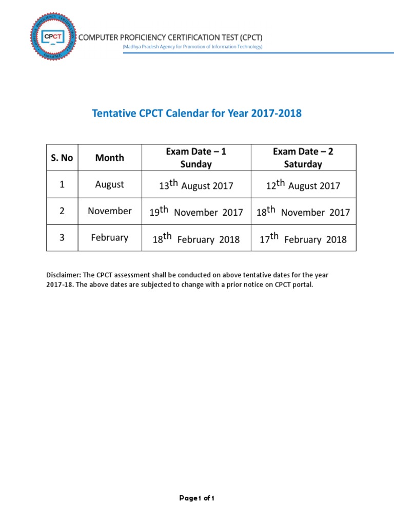 Tentative CPCT Calendar For Year 20172018 S. No Month Exam Date 1