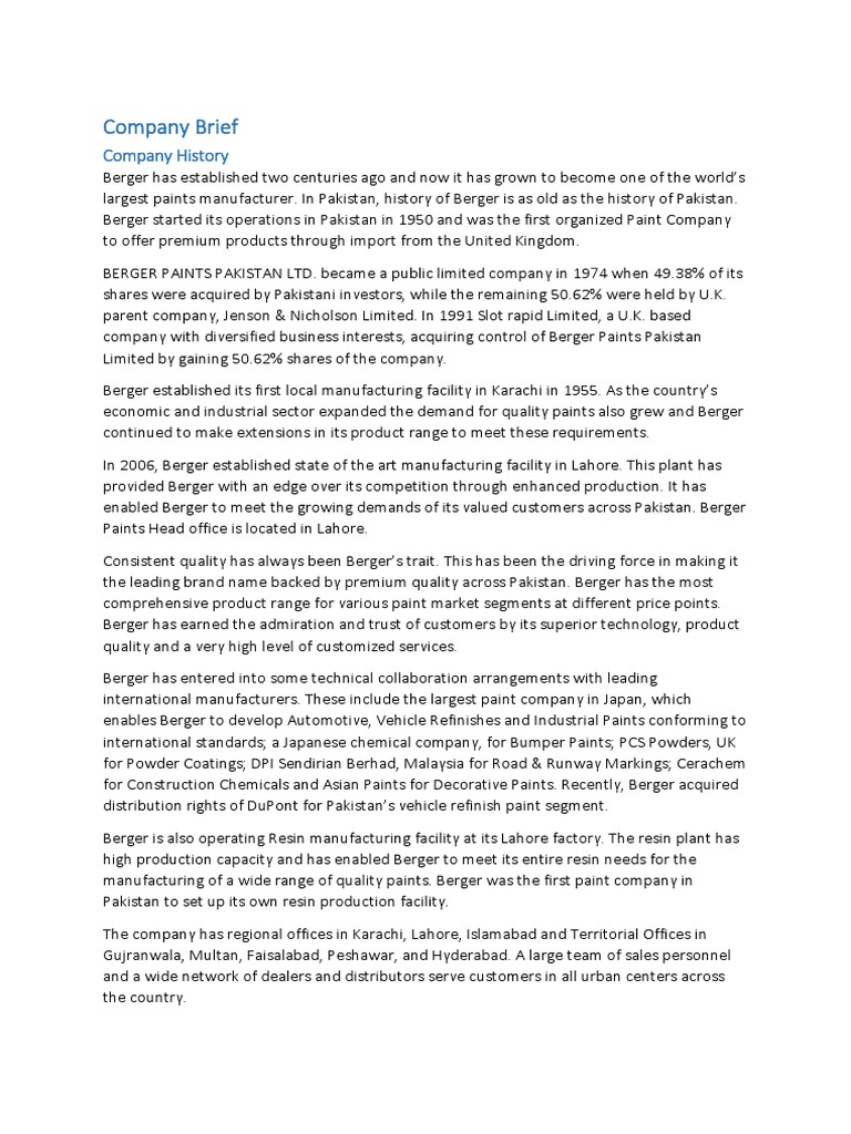 Company Brief of Berger Paints PDF Corporate Social Responsibility Pakistan