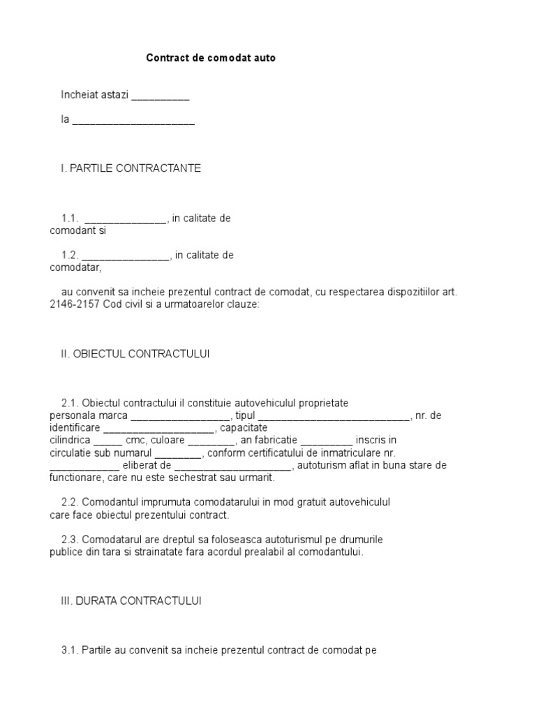 Model Contract de Comodat Auto | PDF