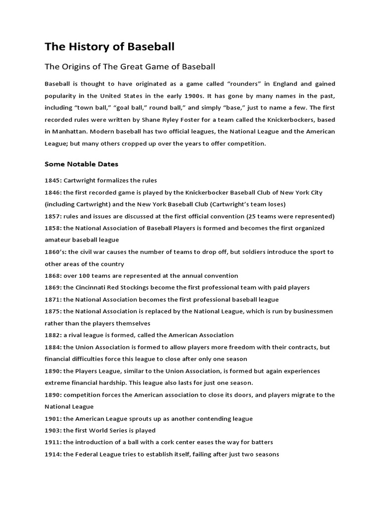 The History of Baseball PDF Home Run Major League Baseball Teams