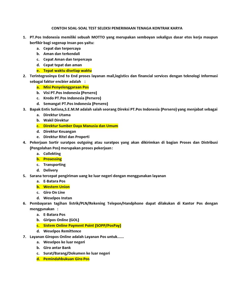 Contoh Soal Tes Pegawai Kontrak